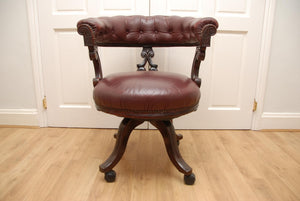 Antique Captains Armchairs Burgundy Leather Upholstery on Castors