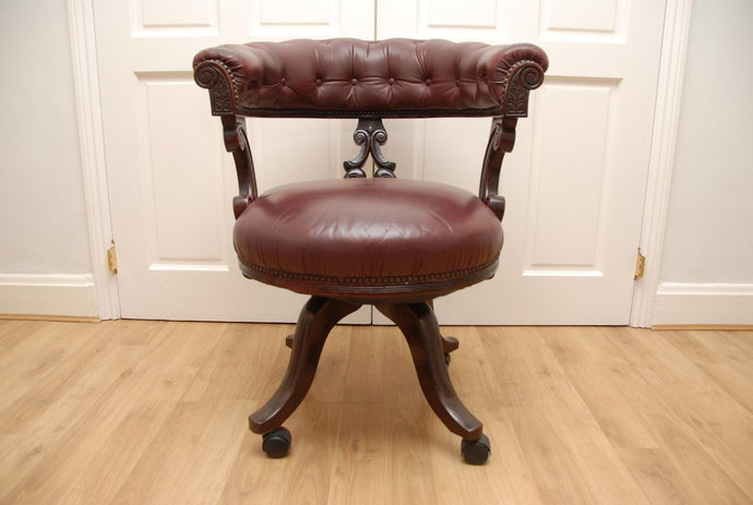 Antique Captains Armchairs Burgundy Leather Upholstery on Castors
