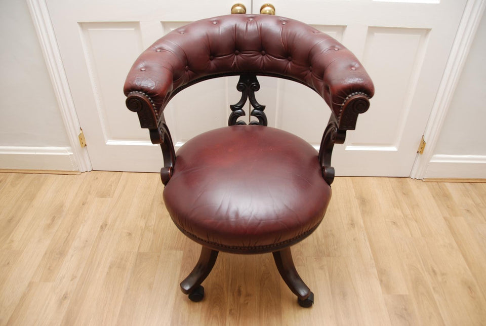 Antique Captains Armchairs Burgundy Leather Upholstery on Castors