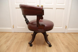 Antique Captains Armchairs Burgundy Leather Upholstery on Castors