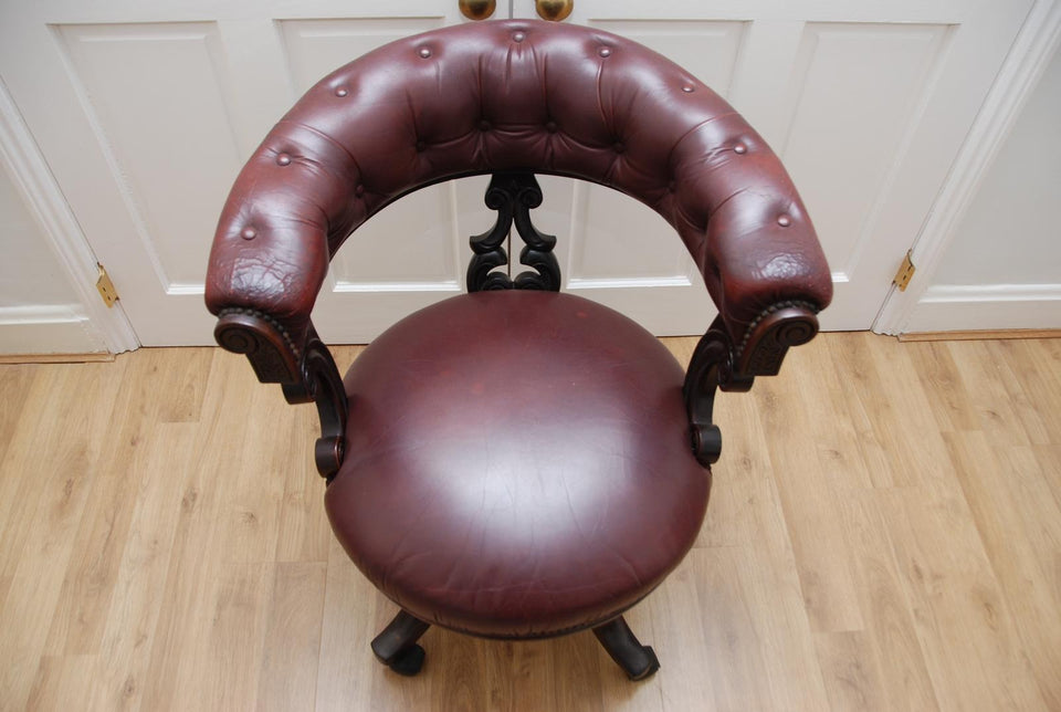 Antique Captains Armchairs Burgundy Leather Upholstery on Castors